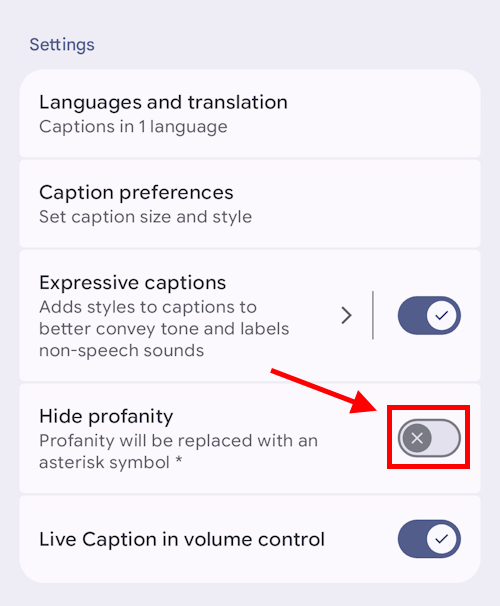 Tap the toggle switch for Hide Profanity to turn the asterisks on or off.